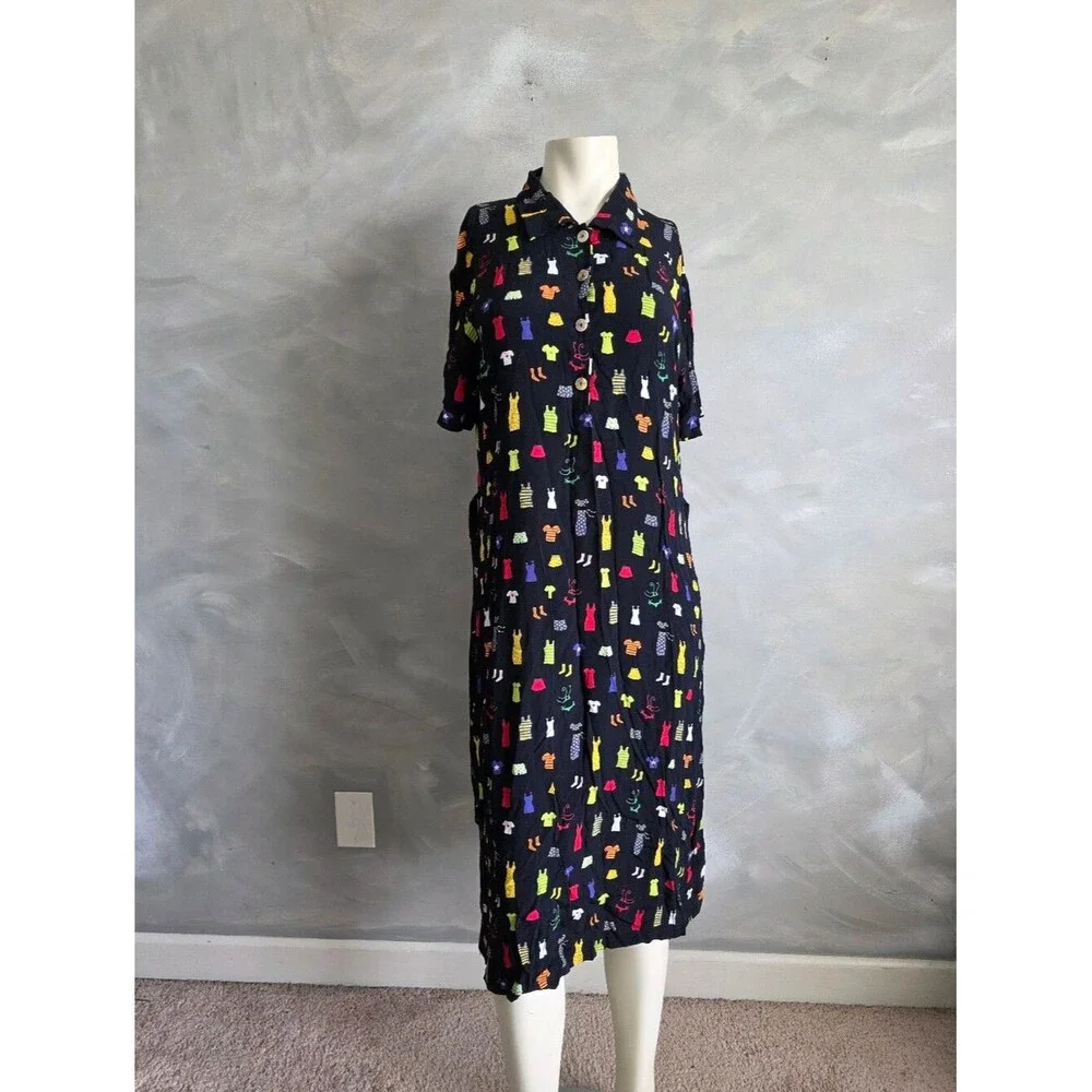 Vtg 90s David Dart Black Button Up Novelty Print Multicolor Dress Sz L Collar